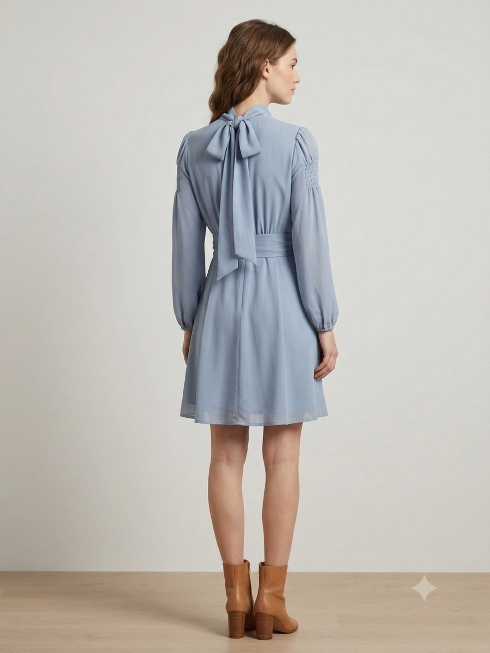 Powder Blue Long Sleeve Tie-Back Dress